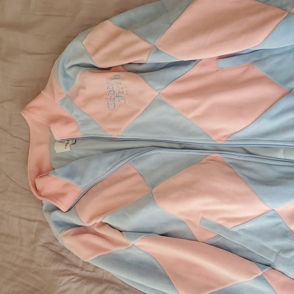 Teddy fresh blue and pink diamond pattern velour jacket size XL